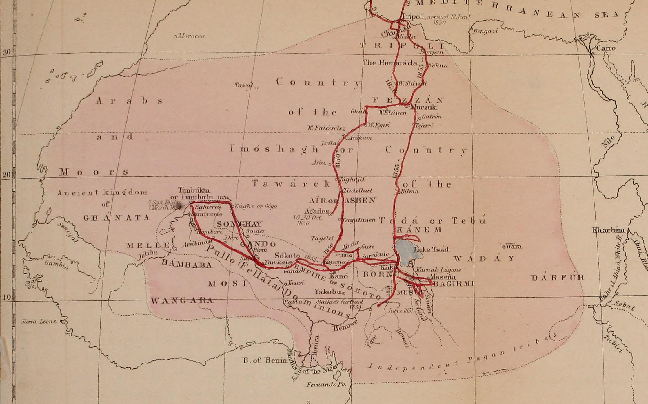 Heinrich Barths route through Africa 1850 to 1855